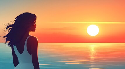 Fototapeta premium woman standing on the sea looking at the summer sky, vector illustration. 