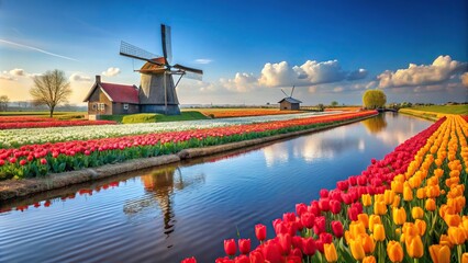 Holland tulips field with water farm and windmill from a distance