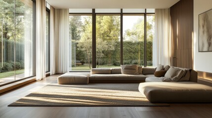 Fototapeta premium Modern living room with large windows, a beige sectional sofa, and a rug. Sunlight streams through the windows, illuminating the room.
