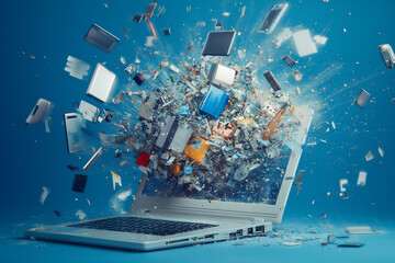 A chaotic scene with electronic devices exploding from laptops