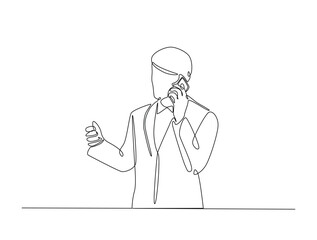 Continuous one line drawing of businessman holding mobile phone. Bussy man calling use smartphone single line art vector illustration. Editable vector.