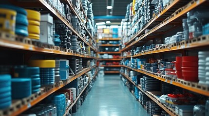 Fototapeta premium A commercial closeup of shelves in an auto parts store stacked 