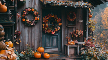 Obraz premium A delightful wooden house decorated with Thanksgiving wreaths and pumpkins.