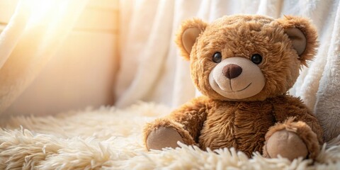 Adorable Brown Bear Toy in Cozy Setting with Copy Space for Personalization, Perfect for Gifts, Children's Rooms, or Playrooms, Plush and Cuddly, Ideal for Home Decor and Nursery Themes