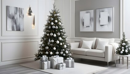 Elegant Christmas Decorations "A sophisticated indoor scene of a living room decorated for the holidays, but with a more minimalist and modern approach. A sleek Christmas tree stands in the corner, 