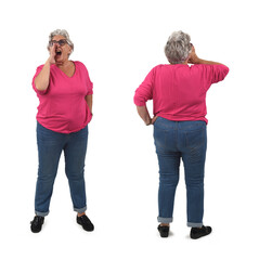 front and back view of same senior woman screaming on white background