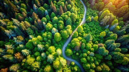 Aerial View of a Serene Path Through Lush Green Forests, Natural Landscape, Scenic Wilderness, Tranquil Nature Trail, Adventure, Outdoo
