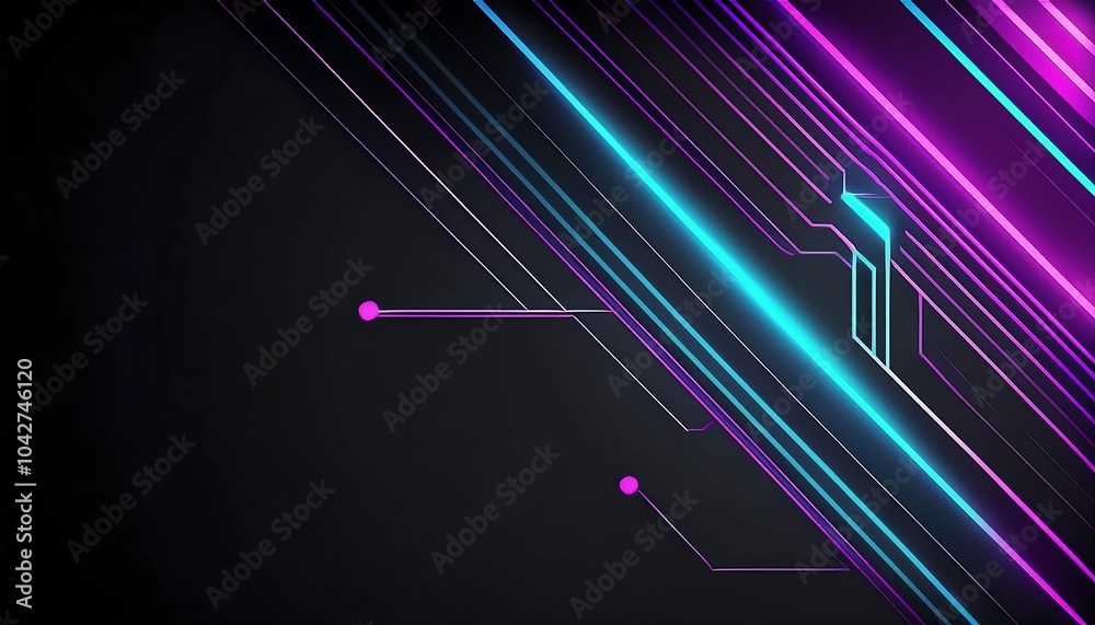 Poster abstract futuristic neon lines and circuit board on a dark background.