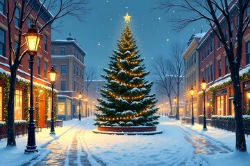 Nordic-Inspired Christmas Scene "A minimalist winter scene inspired by Scandinavian design, featuring simple wooden houses covered in snow. The houses are decorated with understated holiday elements l