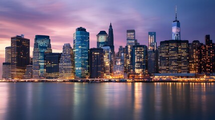 Obraz premium NYC Skyline with Reflections and Purple Sky