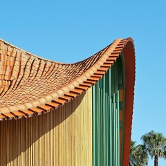 A photograph of the exterior architecture, showing an angular building with red roof tiles and green metal
