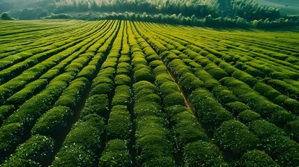 Drone with top leaf farm landscape pattern, tea field, green plantation agriculture background. Farmer wood, fresh harvest land, organic field, mountain green plant