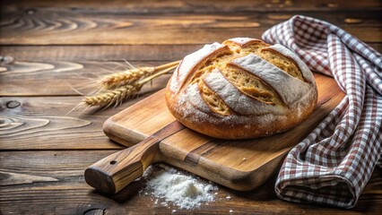 Homemade bread loaf on wood cutting board with flour and dish cloth