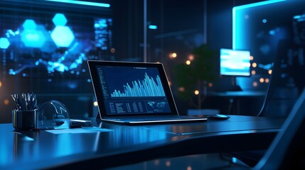 Fototapeta premium Modern Workplace with Laptop Data Analytics and Blue Lighting