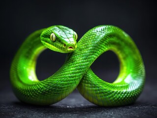 Fototapeta premium A vibrant green snake forms an infinity shape, showcasing its smooth scales and bright eyes against a dark background.