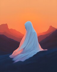 Ethereal Figure in White Robes at Sunset