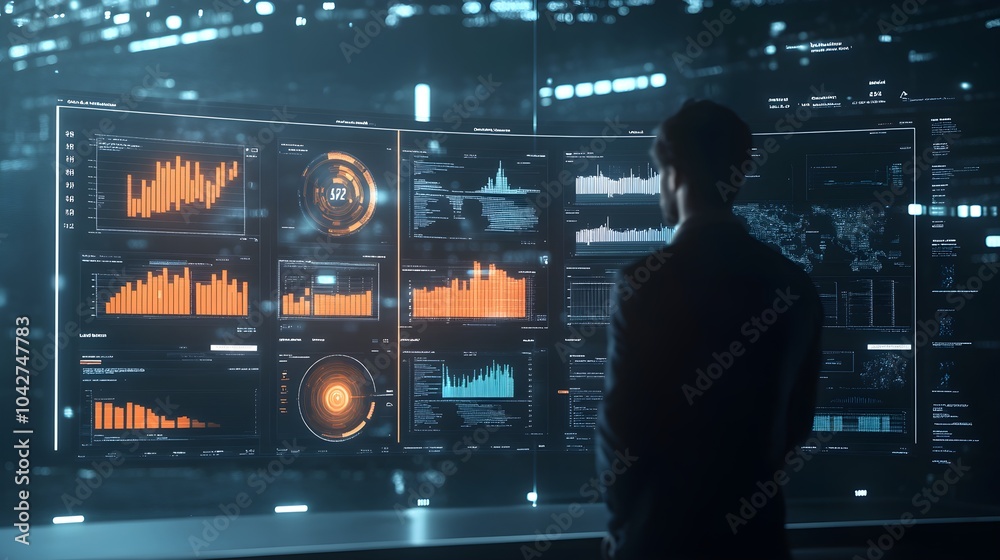Poster businessman analyzing data on large screen with graphs and charts