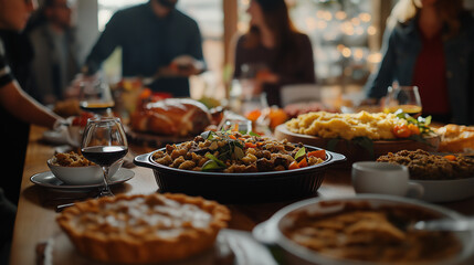Obraz premium Warm and Festive Thanksgiving Dinner Scene with a Roasted Turkey as the Centerpiece Surrounded by Traditional Side Dishes and Autumn Decorations.