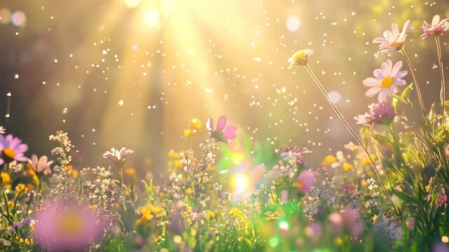 Animated spring scene with flowers, sunlight rays, glowing particles.