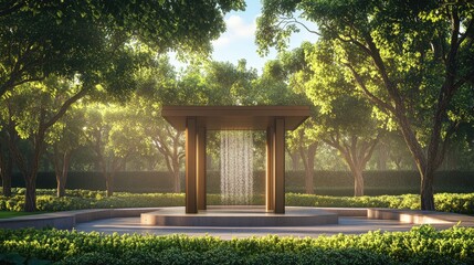 Serene Garden with Waterfall and Lush Greenery
