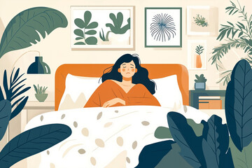 Obraz premium A woman in a red robe is lying in a bed with white sheets, surrounded by plants and artwork