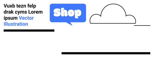 Blue shop sign text inside a speech bubble with a cloud design and placeholder text on a white background. Ideal for websites, business presentations, e-commerce, marketing, and advertising layouts