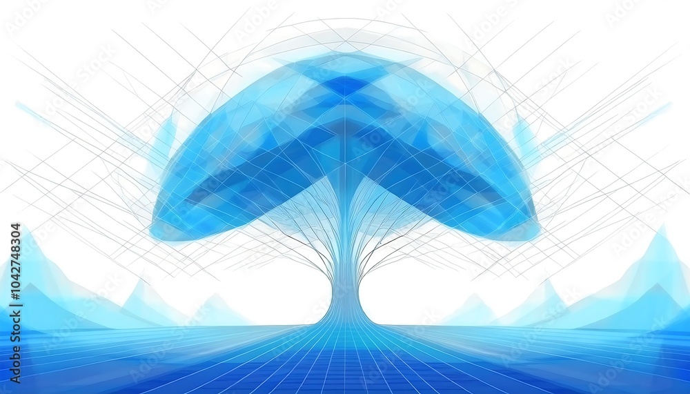 Poster Abstract blue tree with a grid pattern on a white background.