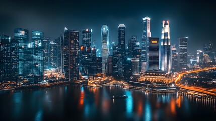 Night View of Modern City Skyline with River and Lights