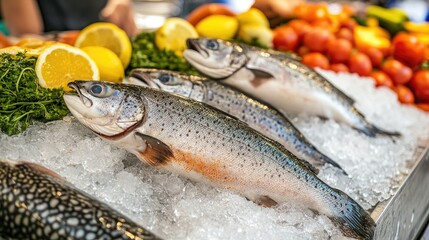 Fresh Fish Display with Lemons and Vegetables