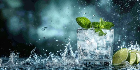 a glass of water with a lime and ice