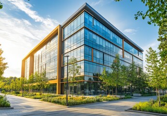 Fototapeta premium Modern office building with glass facade and green landscaping.
