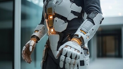 A person wearing a smart exoskeleton, enhancing their physical abilities