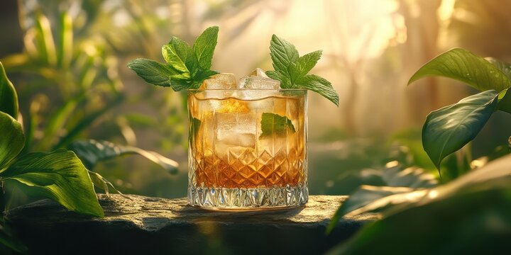 a glass of iced drink with mint leaves