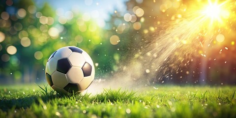 Fototapeta premium Candid Football Action on Lush Green Grass with Bokeh Effect, Perfect for Sports Themes and Backgrounds, Capturing the Essence of Play and Movement in a Vibrant Outdoor Setting