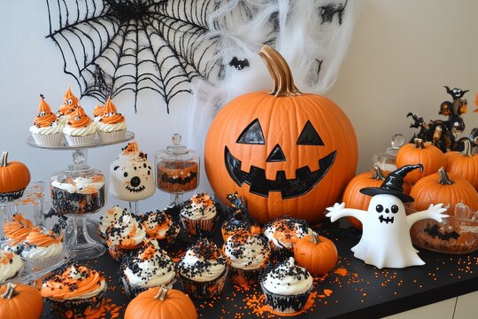 Halloween-themed party table featuring pumpkins, candy, and cupcakes, adorned with spooky decorations like spider webs and cute witch figurines, perfect for children's playtime fun.