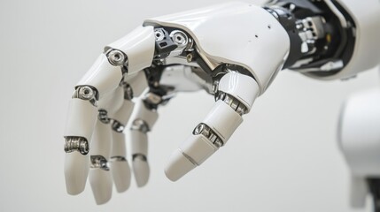 An extreme close-up of a humanoid robot hand grasping an object, showcasing dexterity and fine motor skills, Robotics technology style