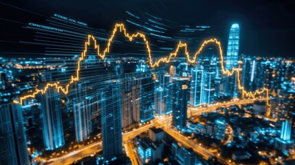 Illuminated Cityscape of Vibrant Financial District at Night