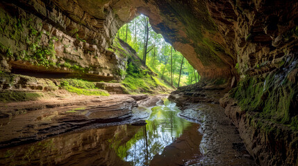 A serene cave with a natural arch, mossy walls, and water reflecting sunlight and greenery outside