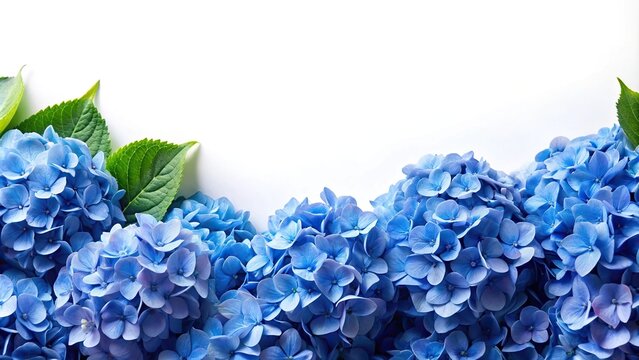 horizontal border with blue hydrangea flowers on white background