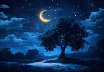 Mystical Night Sky with Stars and Moons