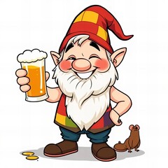 cartoon gnome holding a beer glass and a mouse.