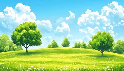 Fototapeta premium Springtime blooming green hill fields with vibrant flowers, seasonal splendor, countryside charm