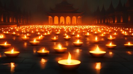 Temple courtyard illuminated by thousands of oil lamps, golden glow, sacred celebration.