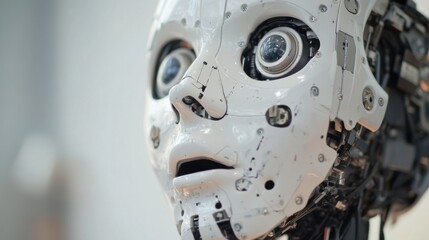 Fototapeta premium An extreme close-up of a humanoid robot's AI-driven speech synthesis module, showcasing natural language processing and interactive communication skills, Human-robot interaction technology style