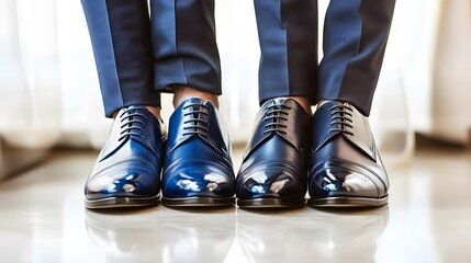 Wedding Shoes: LGBTQ+ marriage. Polished dress shoes of two grooms side by side, ready for the big day. 