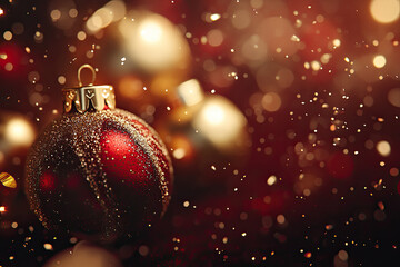 Elegant Red and Gold Christmas, A luxurious Christmas background shimmering gold ornaments, and soft bokeh lights
