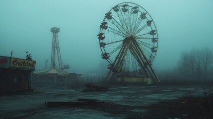 Abandoned Amusement Park in Fog