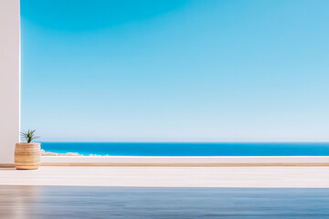 Fototapeta premium Stunning coastal view from a modern interior with a bright blue sky and ocean backdrop