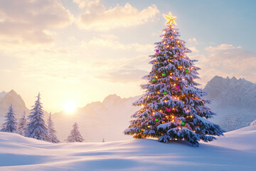 Outdoor Christmas Tree in the Snow, A large vibrant Christmas tree covered in fresh snow, winter landscape. Bright lights and colorful ornaments