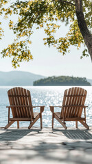 Fototapeta premium Relaxing wooden chairs by the serene lake under a clear sky with distant hills in the background